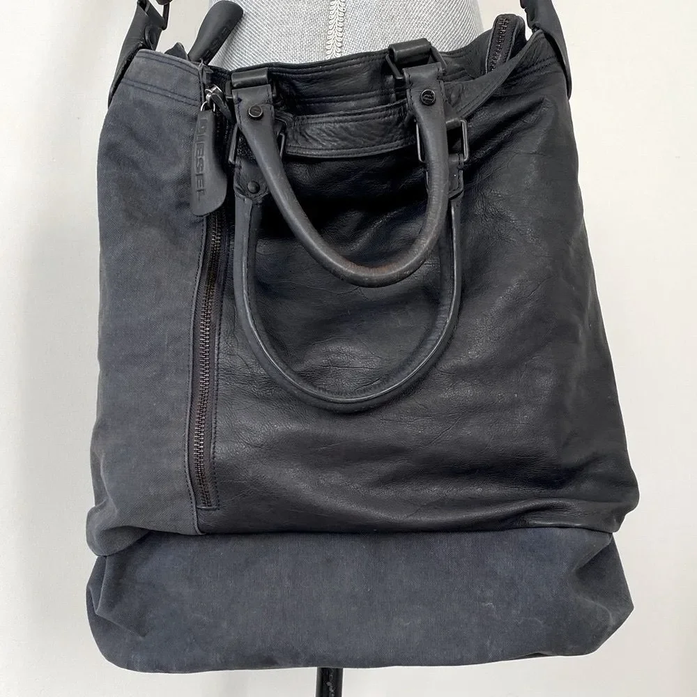 Rare VTG Diesel Dark Gray Leather and Canvas Large Bag Mixed Media Urban Street